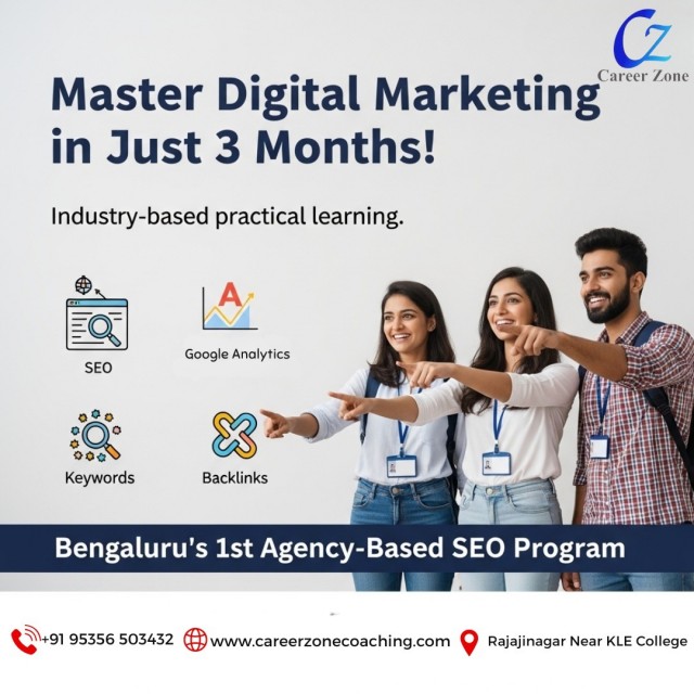 Master the power of Digital Marketing in just 3 months   Learn SEO  Google Analytics  Backlinks  and Keyword Research through an agency based  practical training program designed to make you industry ready   🌟 Bengaluru’s 1st Agency Based SEO Program 🔑 Build skills that bring real results  Enroll now with Career Zone Digital Academy and grow your career in digital marketing